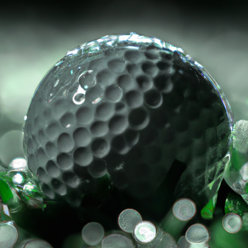 Close-up van een golfbal op een green met dauw