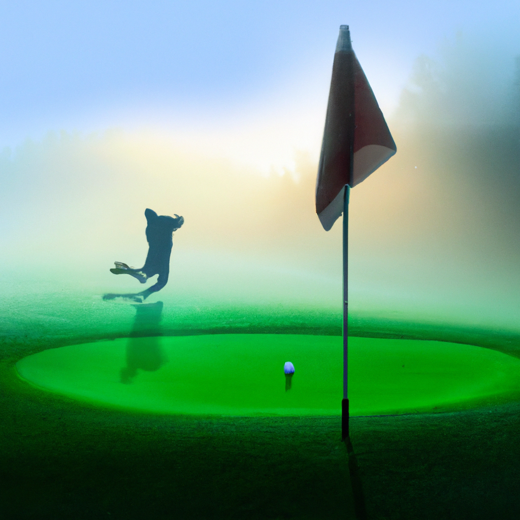 Footgolf parcours bij zonsopgang: groene velden, vlag bij de hole, speler die de bal trapt